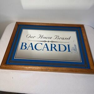 Vintage Bacardi Rum advertising mirror featuring a wooden frame